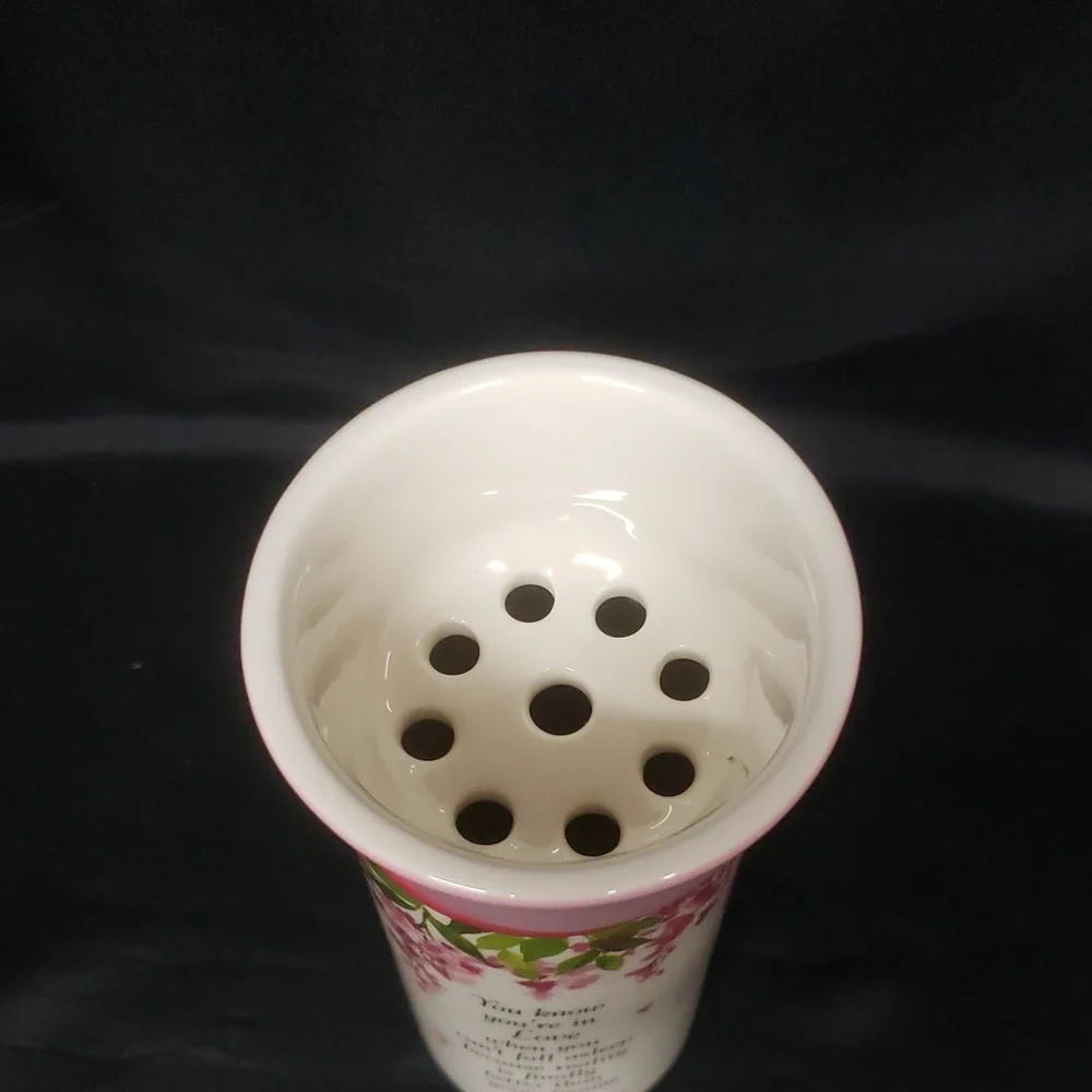 Ganz NWT Floral Ceramic Vase with Arranger and Love Quote, Pink & Ivory